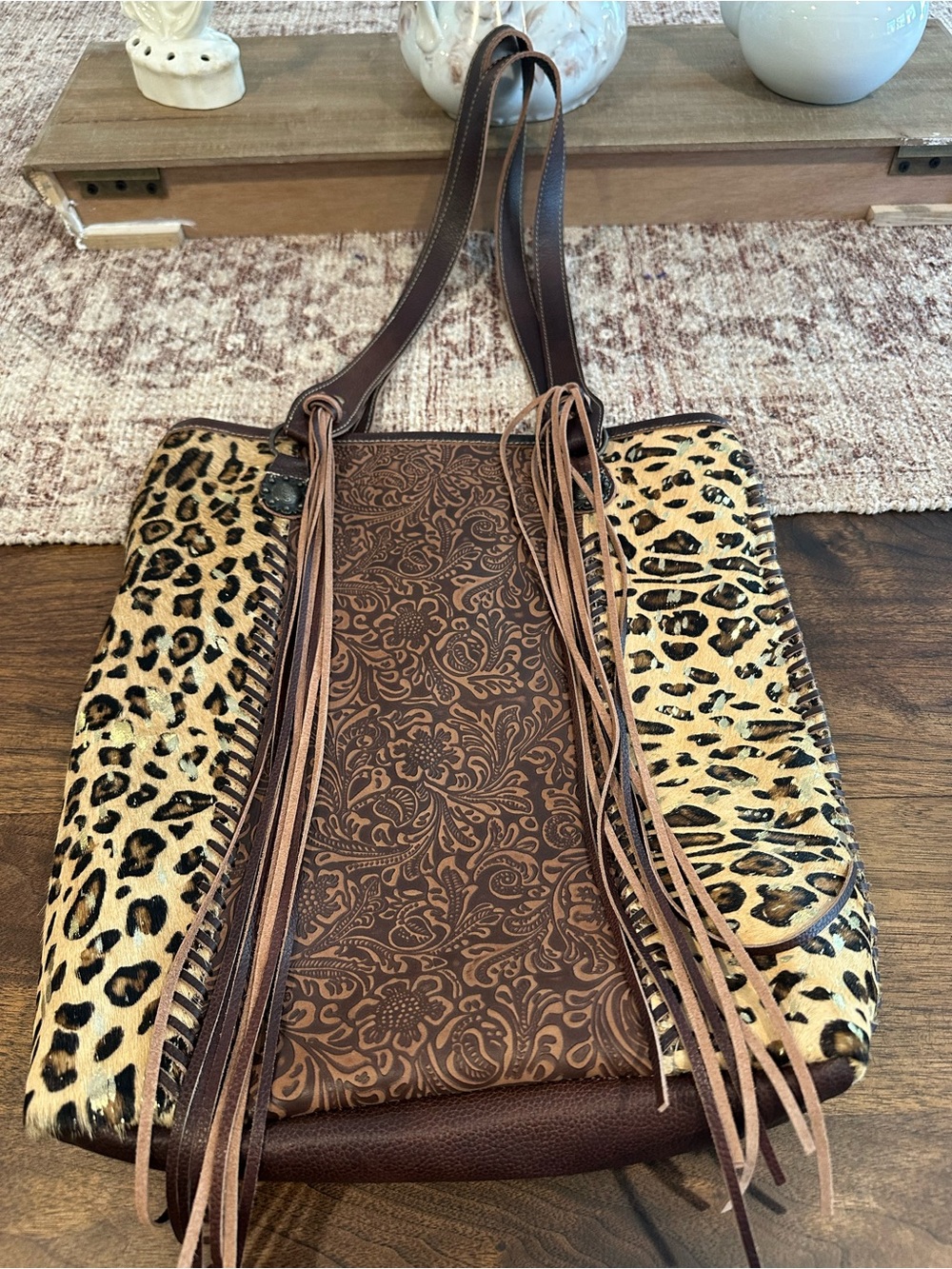 Myra Bag Leather & Cowhide Leopard Fringe Shoulder Bag Western Boho Tote